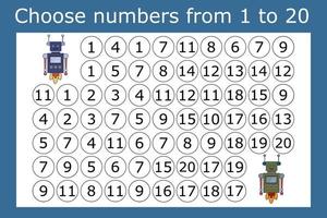 The task is to go through a maze of numbers from 1 to 20. Educational exercises for preschool children vector