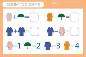 Counting game for preschool children. Solve the riddle with the help of children's clothes and solve the examples vector