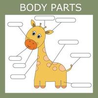 Write down the body parts of the giraffe. Educational game for children. vector