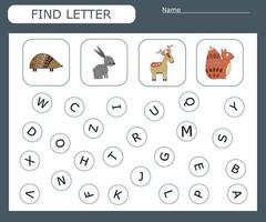 Find the first letter and match with the picture, a game for kids to learn the alphabet. Worksheet for printing. Educational game for children. vector