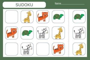 Juego de sudoku para niños con animales salvajes. hoja de actividades para niños.