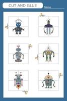 worksheet vector design, the task is to cut and glue a piece on colorful  robots .  Logic game for children.