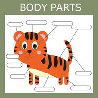 Write down the body parts of the tiger. Educational game for children.