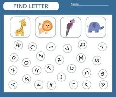 Find the first letter of the word  and connect. Educational game for children. vector