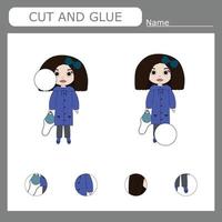 Worksheet vector design, the task is to cut and glue a piece on girls.  Logic game for children.