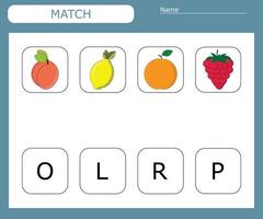 Find the first letter of the fruites and connect. Educational game for children. vector
