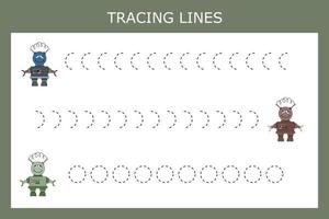 Trace line worksheet with robots for kids, practicing fine motor skills.  Educational game for preschool children. vector