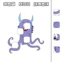 worksheet vector design, the task is to cut and glue a piece on bright monster.  Logic game for children.