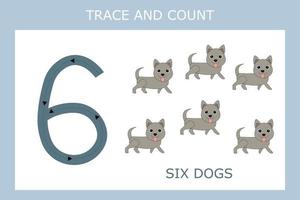 Number six stroke worksheet with dogs for fine motor skills kids. Educational game for preschoolers. vector