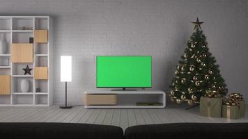 salón navideño con televisión. pantalla de maqueta de tv. pantalla de televisión con un fondo verde en blanco. ilustración 3d foto