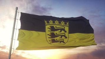 Baden-Wurttemberg flag, Germany, waving in the wind, sky and sun background. 3d illustration photo