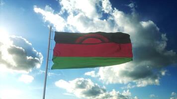 Flag of Malawi waving at wind against beautiful blue sky. 3d illustration photo