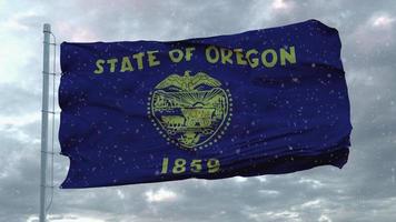 Oregon winter flag with snowflakes background. United States of America. 3d illustration photo