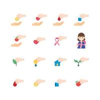 Donate and Charity flat icons set.Helping hand, Volunteer help, Heart donations and Care box. design vector