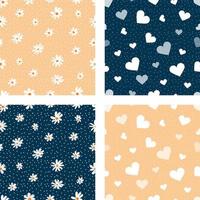 set of patterns with daisies and hearts vector