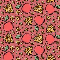 Seamless autumn pattern with apples and leaves. Red apples and maple leaves background. Apple pattern vector