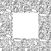 Set of icons on the theme of food. Food vector. Doodle vector with black and white food icons. Food frame. Free Vector