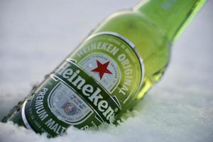 Marinette,WI-Nov29,2021- Heineken Beer, Close on Ice Since 1975, most Heineken beer has been produced at the brewery in Zoeterwoude, Netherlands. photo