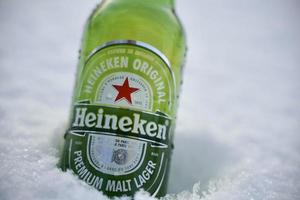 Marinette,WI-Nov29,2021- Heineken Beer, Close on Ice Since 1975, most Heineken beer has been produced at the brewery in Zoeterwoude, Netherlands. photo