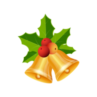 campana dorada con bayas rojas y hojas verdes sobre un fondo transparente. conjunto de campanas doradas de navidad png con frutos rojos. imagen de la colección de campanas de Navidad con hojas verdes.