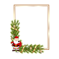 Christmas realistic frame PNG with pine leaves, snowflakes, and golden balls. Xmas golden frame image with ribbon. Merry Christmas decoration element with red berries on a transparent background.