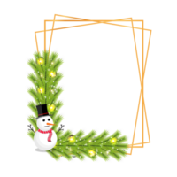 Christmas frame PNG with star lights and green leaves. Xmas frame with a cute snowman and snowflake image. Xmas frame decoration elements on a transparent background.