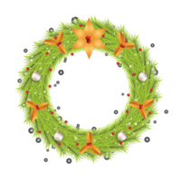 Christmas wreath PNG with white decorative light balls. Green color wreath design with golden leaves and a star. Christmas wreath on a transparent background.