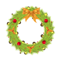 Christmas wreath PNG with green leaves. Wreath design image with red balls and a golden ribbon. Christmas wreath on a transparent background. Christmas cherry fruit with golden leaves.