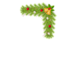 Christmas corner PNG with a golden bell and decoration balls. Xmas Corner design image with red berries and candy cane. Christmas corner decoration on a transparent background.