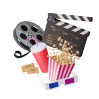 visione di film d'arte cinematografici online con popcorn, occhiali 3d e concetto di cinematografia su pellicola.