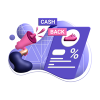 cashback-advertenties 3D-renderingillustratie voor kortingsbonnen, beloningsprogramma kleur blauw, oranje, zwart, geel, perfect voor ui ux-ontwerp, e-commerce, branding shopping sale, reclame, markt png