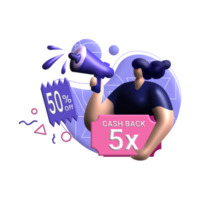 cashback-campagne 3D-renderingillustratie voor kortingsbonnen, beloningsprogramma kleur blauw, roze, perfect voor ui ux-ontwerp, e-commerce, branding shopping sale, reclame, marktplaats png