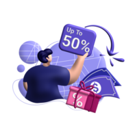 cashback business model 3d rendering Illustration for up to get vouchers discounts, reward program color blue, pink, perfect for ui ux design, ecommerce, shopping sale, advertising, marketplace png