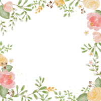 lose aquarellfarbene rosen und wildblumenblumenstrauß mit goldglitzerrahmenfahnenhintergrund png