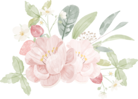 bouquet di peonia rosa acquerello e fragoline di bosco
