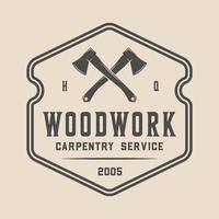 Vintage retro woodwork carpentry mechanic emblem, logo, badge, label. mark, poster or print. Monochrome Graphic Art. Vector Illustration. Engraving