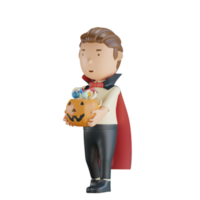 3d personagem de halloween vampiro segurando abóbora com doces png