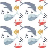 Abstract sea fish seamless pattern. Vector of ocean life underwater in doodle cartoon style background.