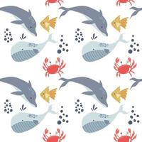 Abstract sea fish seamless pattern. Vector of ocean life underwater in doodle cartoon style background.