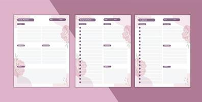 planificador diario, horario. plantilla de plan de lista de tareas pendientes. cuaderno planificador kdp con flor vector