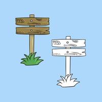 A set of pictures, an old brown wooden sign on a pole, a stand with green grass, a vector illustration in cartoon style on a colored background