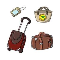 un conjunto de iconos de verano, maletas y bolsas con una etiqueta, ilustración vectorial en estilo de dibujos animados sobre un fondo blanco vector