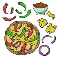 Pizza with vegetables, A set of icons for creating pizza with hot pepper, vector illustration in cartoon style on a white background