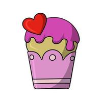 Delicious cupcake with pink icing sugar and a heart, vector illustration in cartoon style on a white background