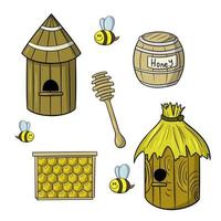 A set of colored icons for the honey collection, wooden objects for bees, vector illustration in cartoon style on a white background