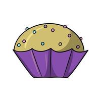 Round cupcake with multicolored round sugar crumbs in a lilac cup, vector illustration in cartoon style on a white background