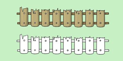 conjunto de imágenes, valla de madera baja y larga con grietas, ilustración vectorial en estilo de dibujos animados sobre un fondo de color vector