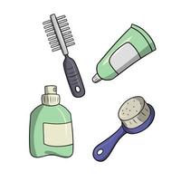 A set of icons and stickers, tools for caring for animal fur, vector illustration in cartoon style on a white background