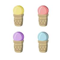 Sweet cold dessert, A set of fruit ice cream in a waffle cup, cartoon vector illustration, flat