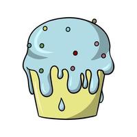 Delicious cupcake poured with sweet delicate cream and sugar sprinkles, vector illustration in cartoon style on a white background